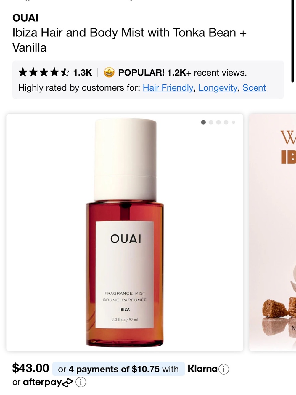 OUAI Ibiza Hair and Body Mist with Tonka Bean + Vanilla